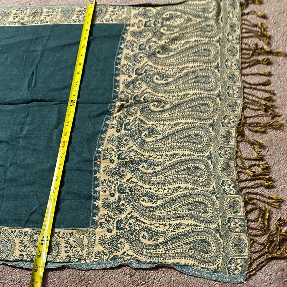 Wool/Cashmere Pashmina/Shawl Scarf Greenish-Teal and Gold with Paisley